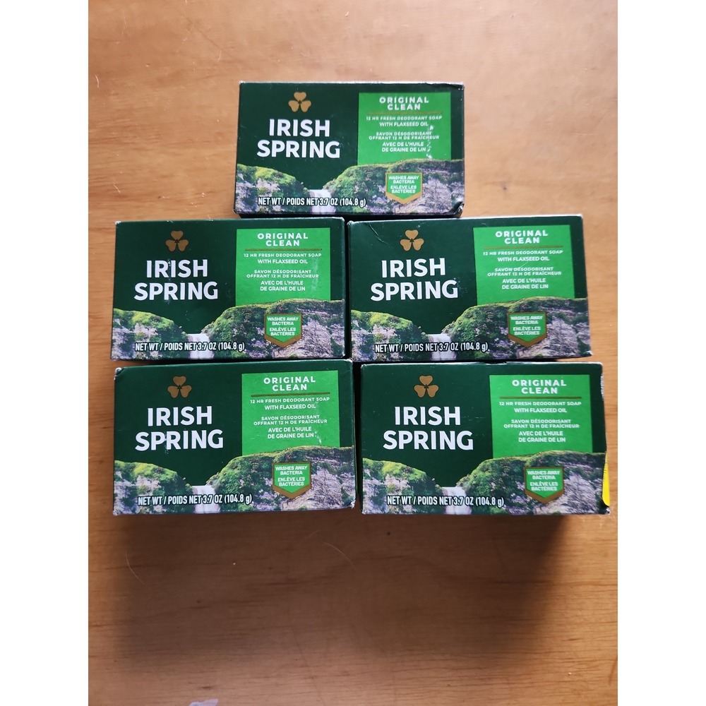 Irish Spring Deodorant Bar Soap Original Clean 3.7 oz 5 bar lot No FLAX SEED OIL